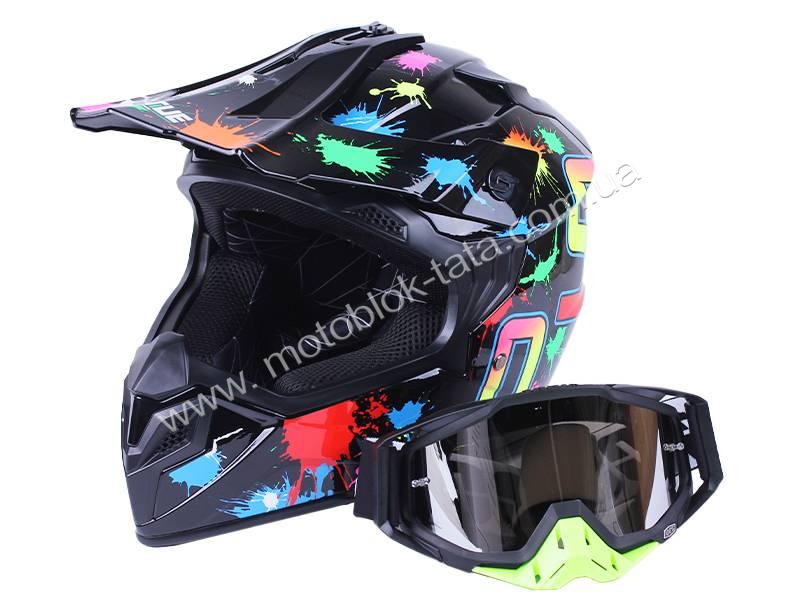Шолом мотоциклетний кросовий MD-911 VIRTUE (чорний із кольоровою графікою, size XS) з окулярами
