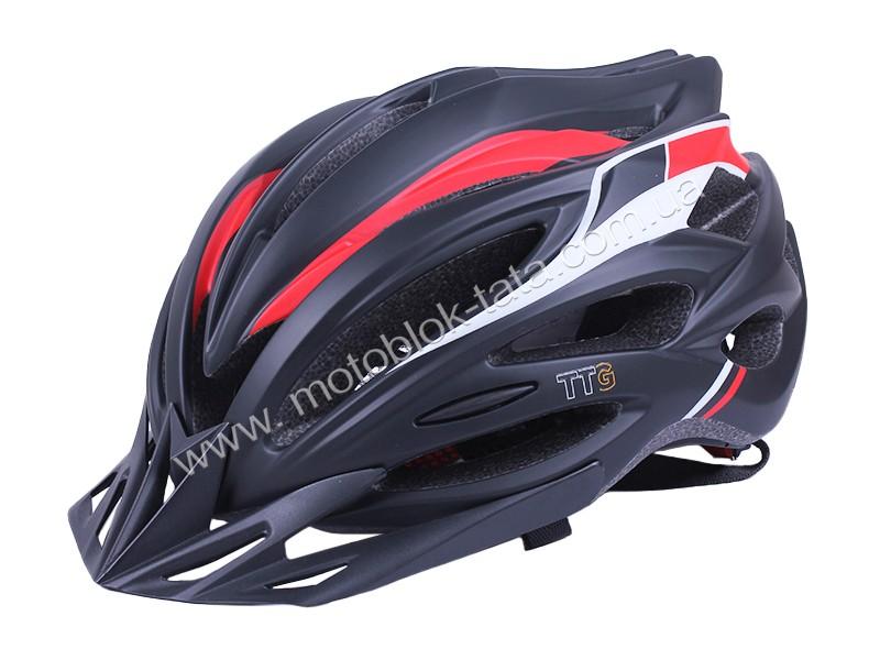 Шлем велосипедный H-093 TTG с черным козырьком, габаритным фонарем (черный с красным, size L)