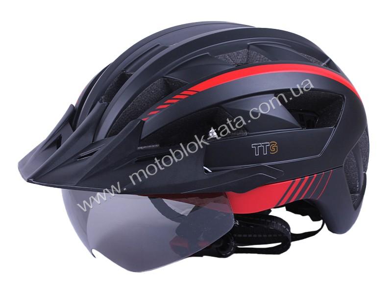 Шлем велосипедный GTS-H-050 TTG с красным габаритным фонарем, козьрьком, очками (черный с красным, size L)