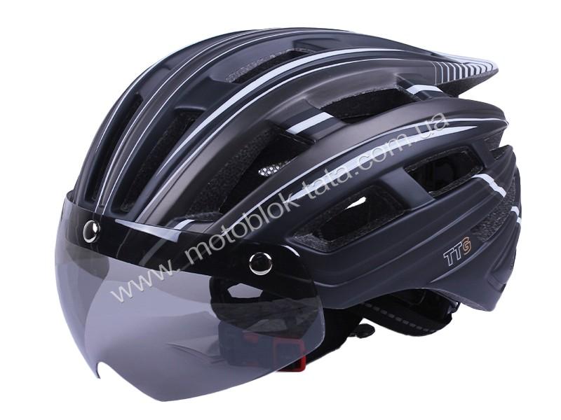 Шолом велосипедний GTS-H-090 TTG із габаритним ліхтарем, окулярами (чорний із сірим, size L)